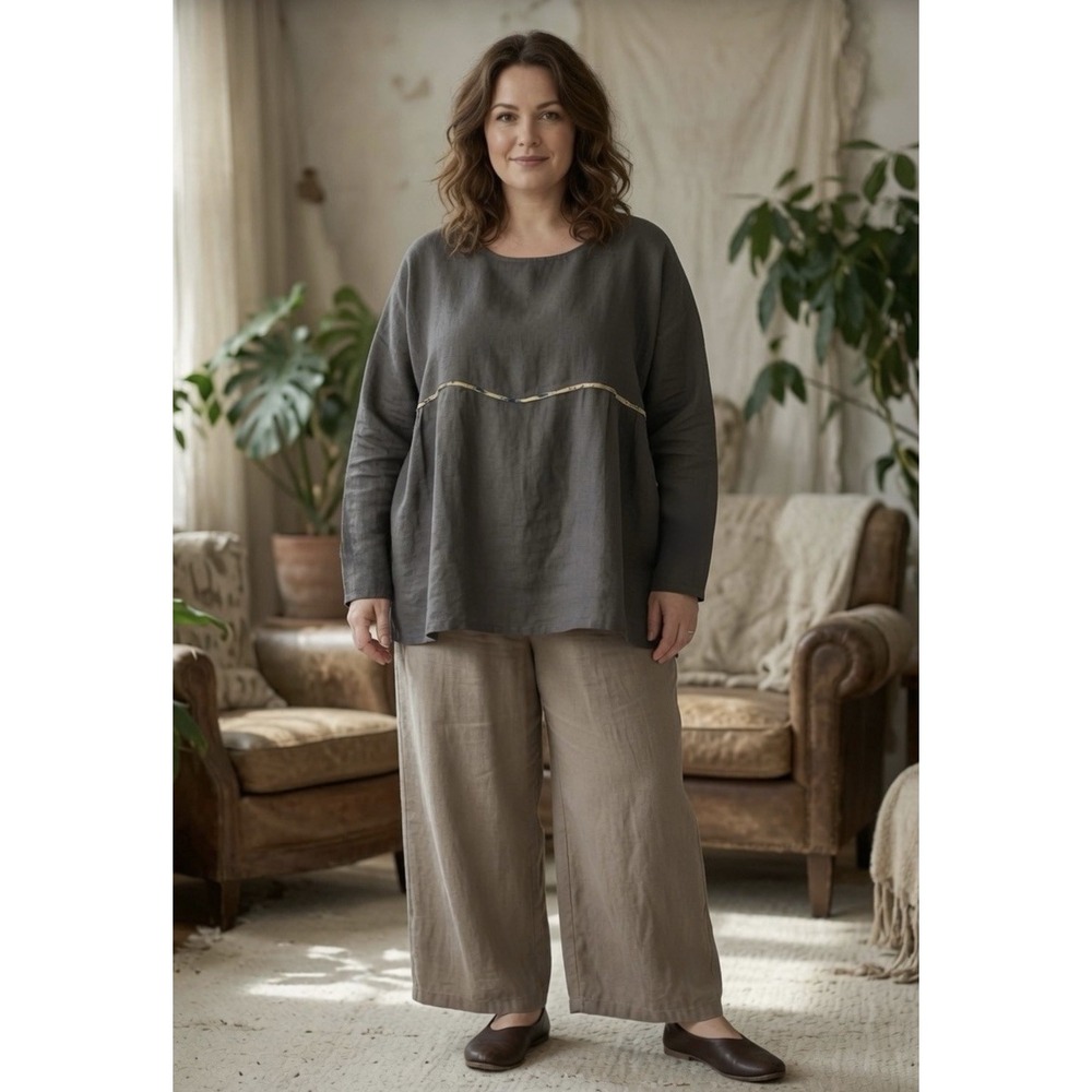 Mordenmiss Women's Long Sleeve Tunic Top 100% Linen‎ Sz XL Gray Flowy Lagenlook